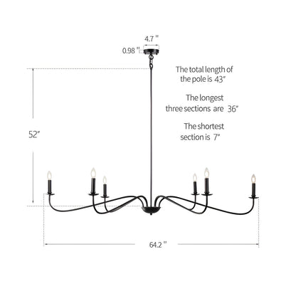 Lustre minimaliste à 6 lumières de 162,5 cm (64 pouces) en noir mat/or/chrome - Non disponible