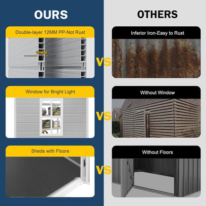 Abri de jardin en résine plastique tout temps avec plancher, dimensions : 1,83 m x 1,22 m / 1,83 m x 2,44 m / 2,44 m x 1,83 m / 2,44 m x 3,05 m.