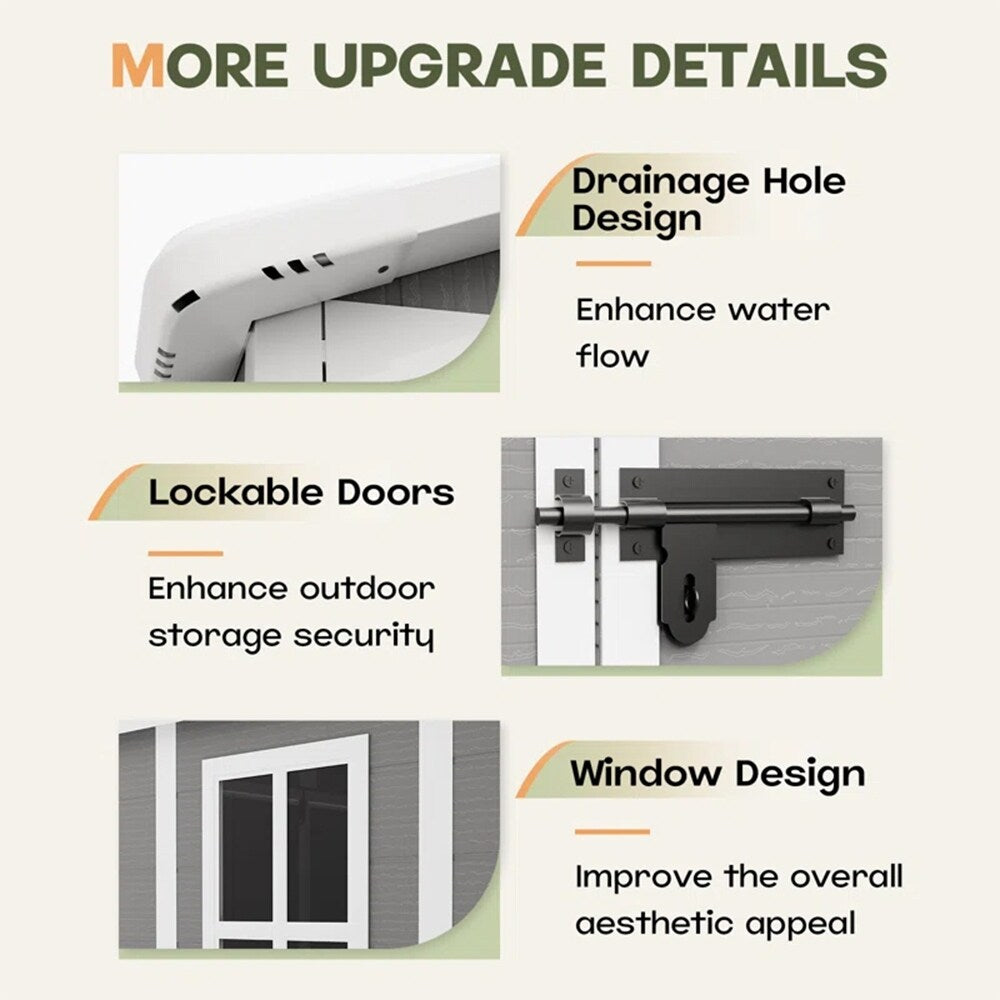 Abri de jardin en résine plastique tout temps avec plancher, dimensions : 1,83 m x 1,22 m / 1,83 m x 2,44 m / 2,44 m x 1,83 m / 2,44 m x 3,05 m.