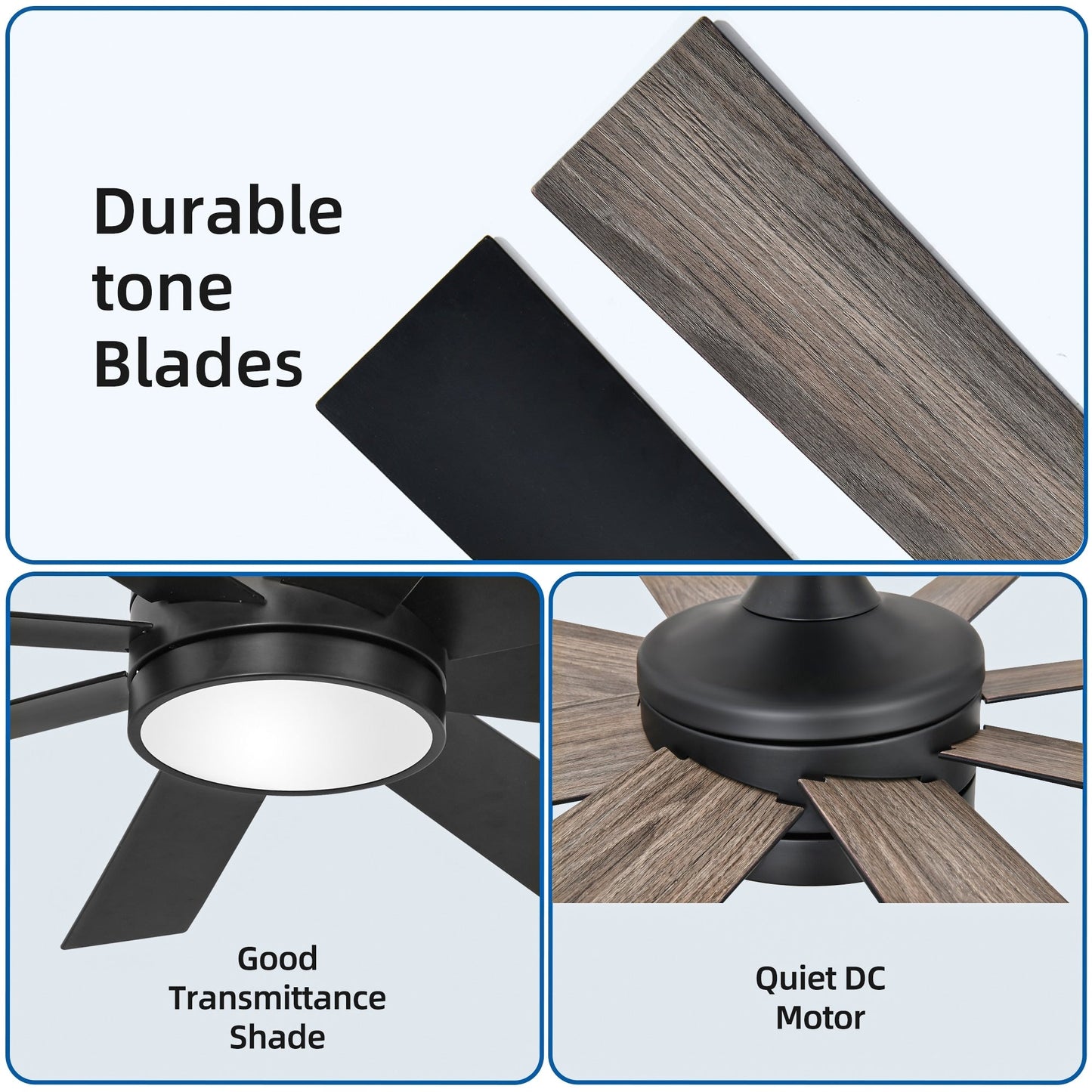 Ventilateur de plafond Moasis noir mat 60 pouces à 8 pales avec lumière LED et télécommande - 60