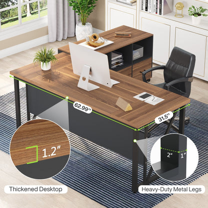 Bureau d'ordinateur en L de 63 pouces avec caisson latéral de 47 pouces, ensemble de bureau de direction pour bureau à domicile