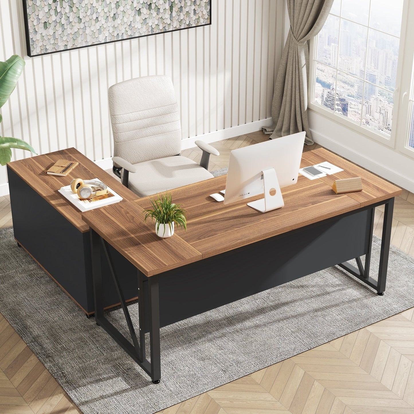 Bureau d'ordinateur en L de 63 pouces avec caisson latéral de 47 pouces, ensemble de bureau de direction pour bureau à domicile