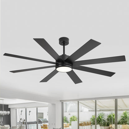 Ventilateur de plafond noir à 8 pales de 65 pouces avec éclairage LED et télécommande