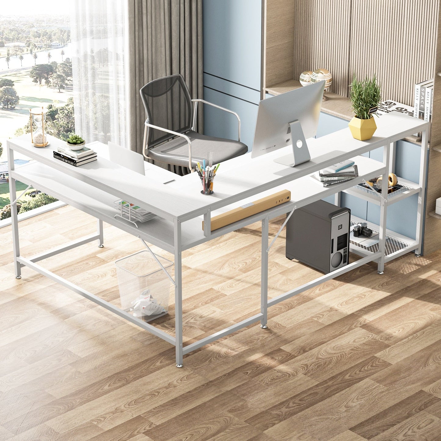 Bureau en L avec étagère pour écran, bureau d'angle réversible pour ordinateur, idéal pour le bureau ou la maison (69 cm).