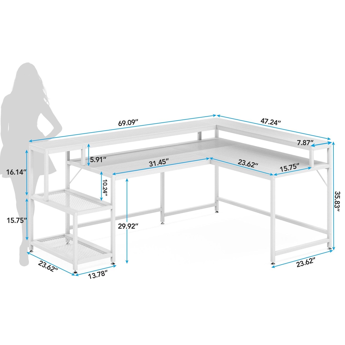 Bureau en L avec étagère pour écran, bureau d'angle réversible pour ordinateur, idéal pour le bureau ou la maison (69 cm).