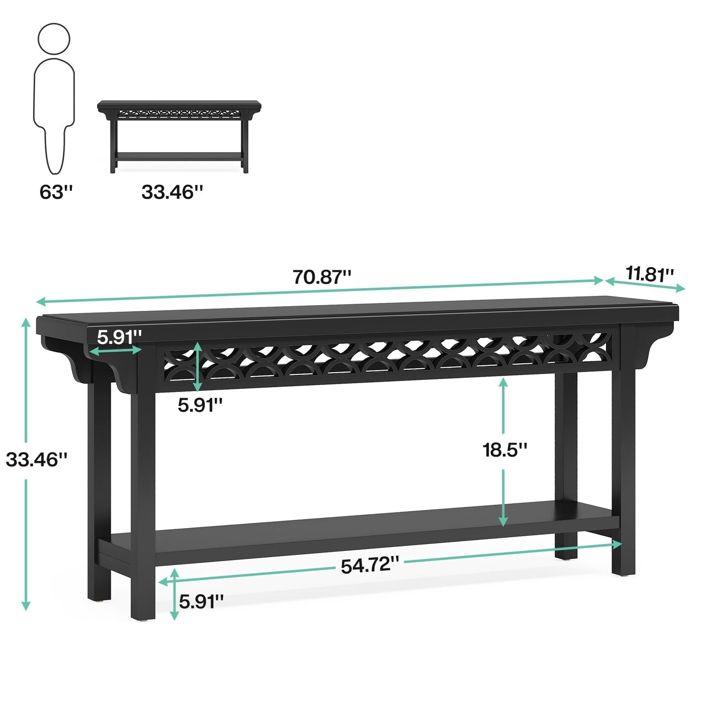 Console longue de style campagnard en bois massif de 70,8 pouces, table basse