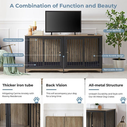 Meuble TV pour cage pour chien de grande race de 70,86 pouces avec coussin et double compartiment (coussin non inclus)