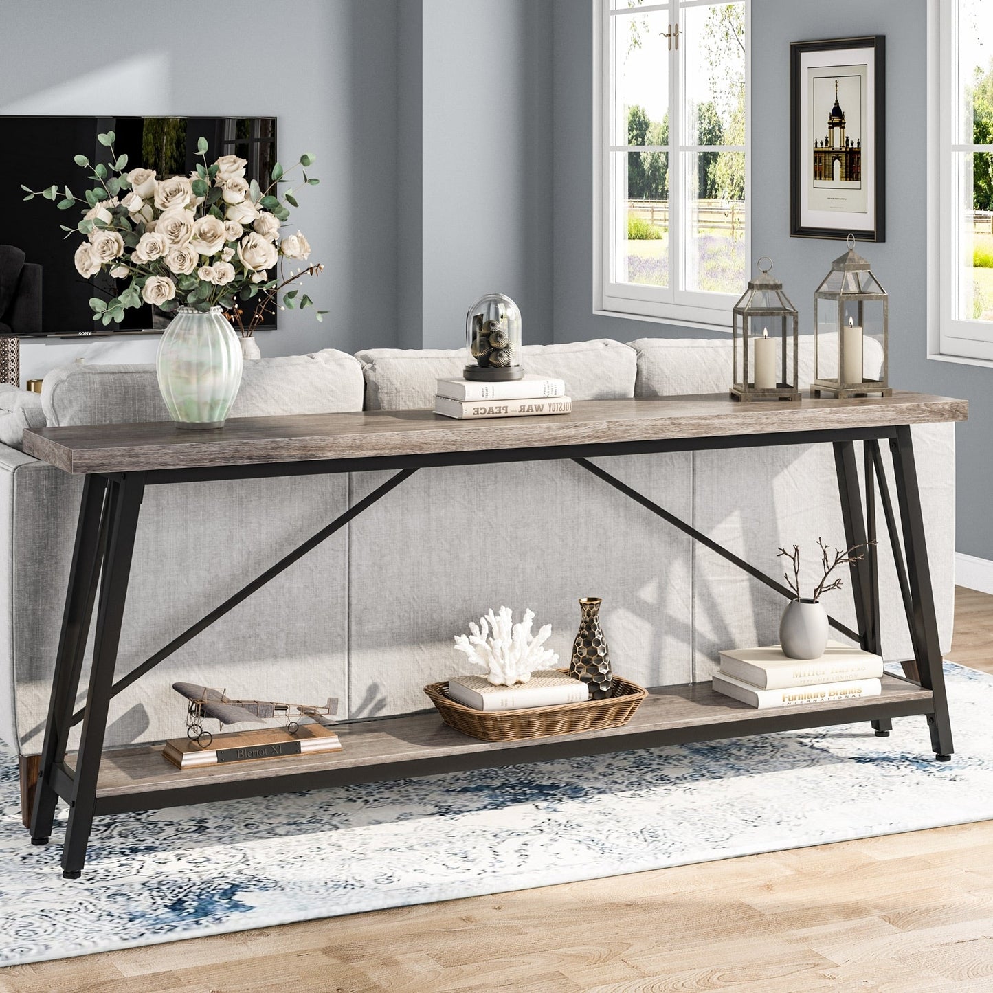 Table console extra longue de 70,9 pouces, style industriel.