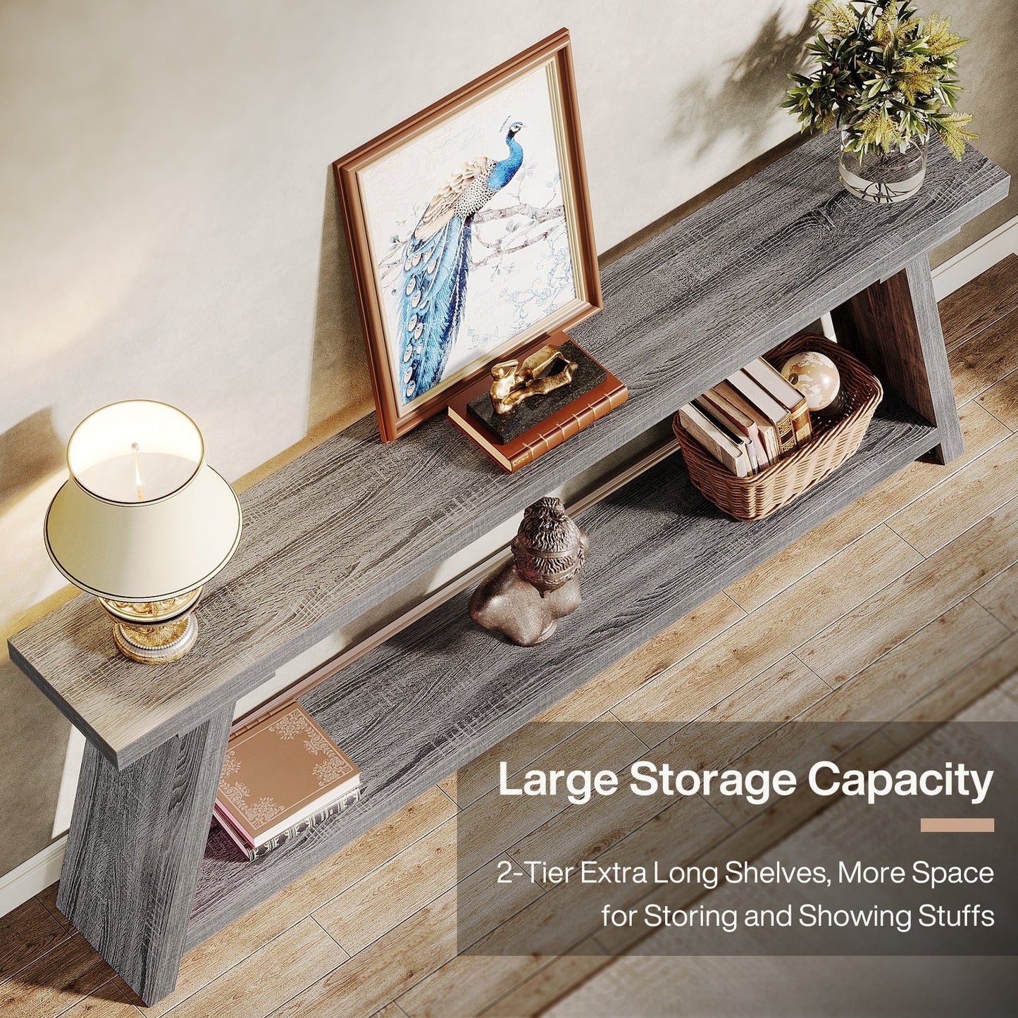 Console/table basse rustique en bois de 180 cm de long avec étagère de rangement