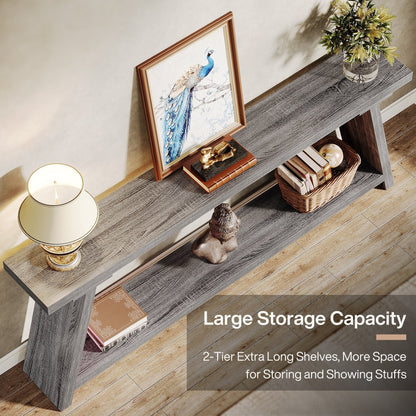 Console/table basse rustique en bois de 180 cm de long avec étagère de rangement