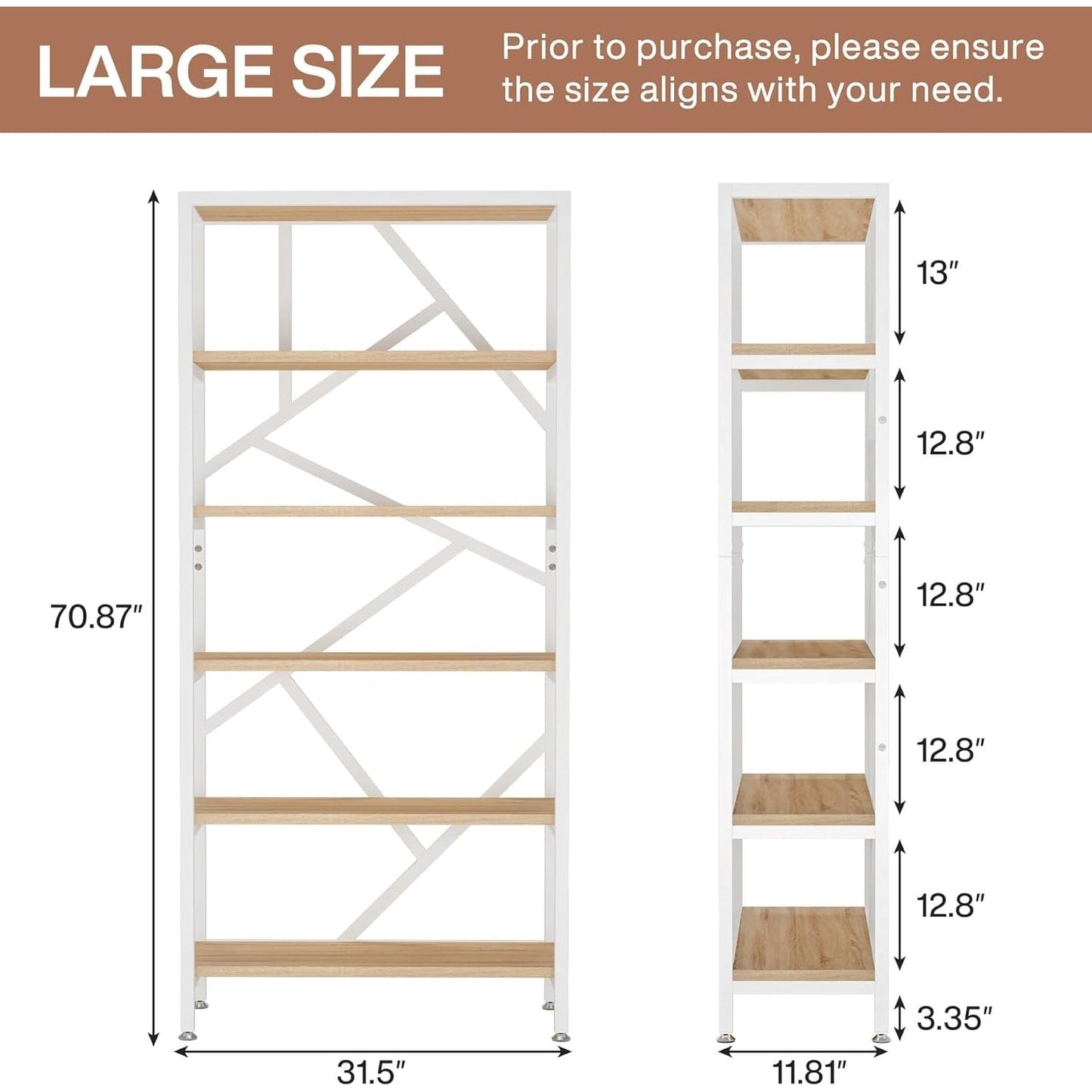 Bibliothèque industrielle 71, étagère à 6 niveaux en bois brun rustique, étagères ouvertes