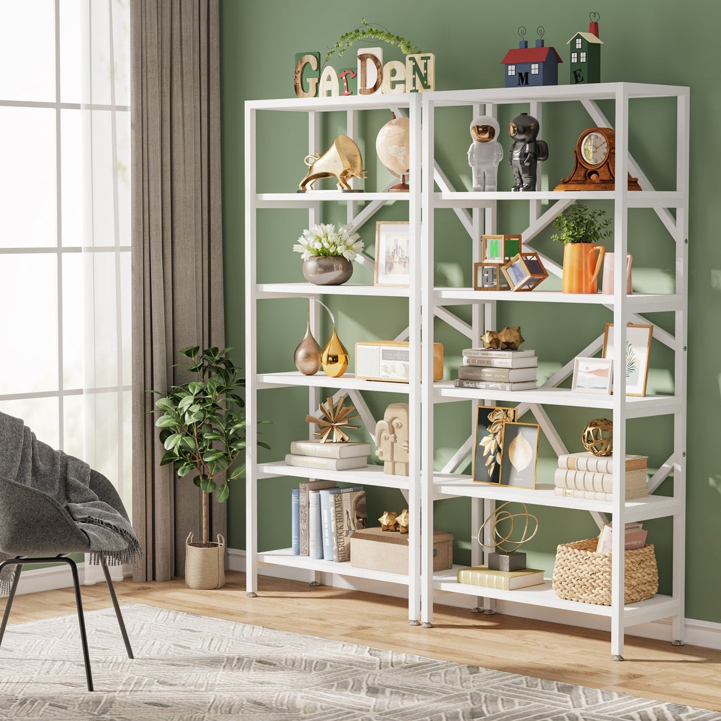 Bibliothèque industrielle 71, étagère à 6 niveaux en bois brun rustique, étagères ouvertes