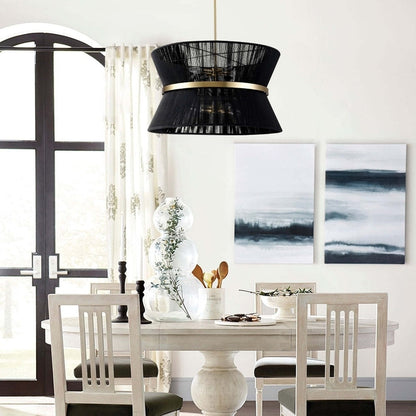 Lustre tambour moderne bohème à 8 lumières, grand modèle de 61 cm (24 pouces), en tissu tissé à la main, forme sablier, coloris or/noir, idéal pour salle à manger/salon.