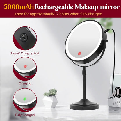 Miroir de maquillage lumineux à 9 LED, miroir grossissant double face avec grossissement 1x/10x, 3 couleurs d'éclairage