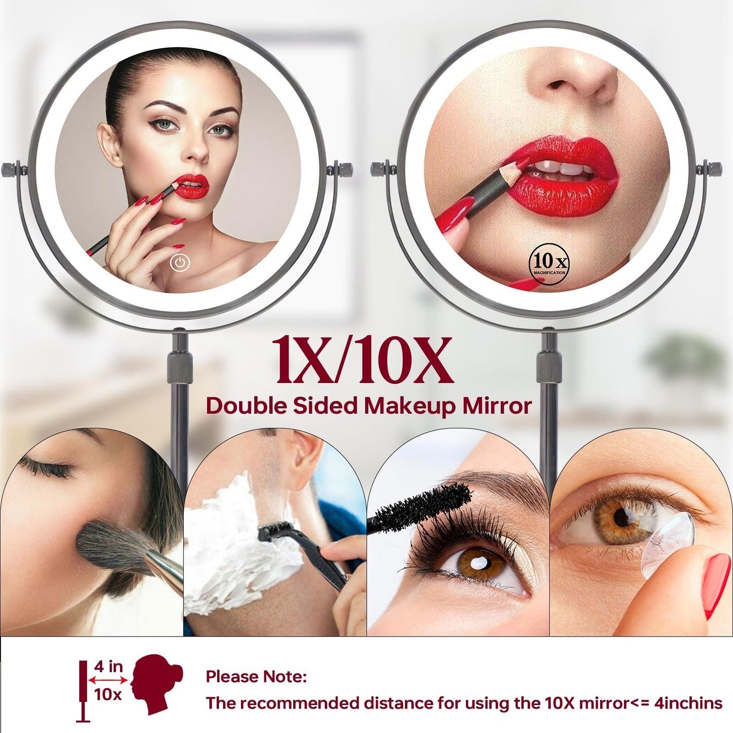 Miroir de maquillage lumineux à 9 LED, miroir grossissant double face avec grossissement 1x/10x, 3 couleurs d'éclairage