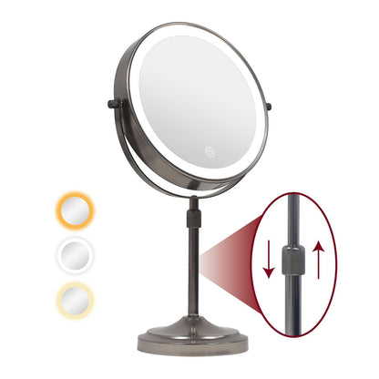 Miroir de maquillage lumineux à 9 LED, miroir grossissant double face avec grossissement 1x/10x, 3 couleurs d'éclairage
