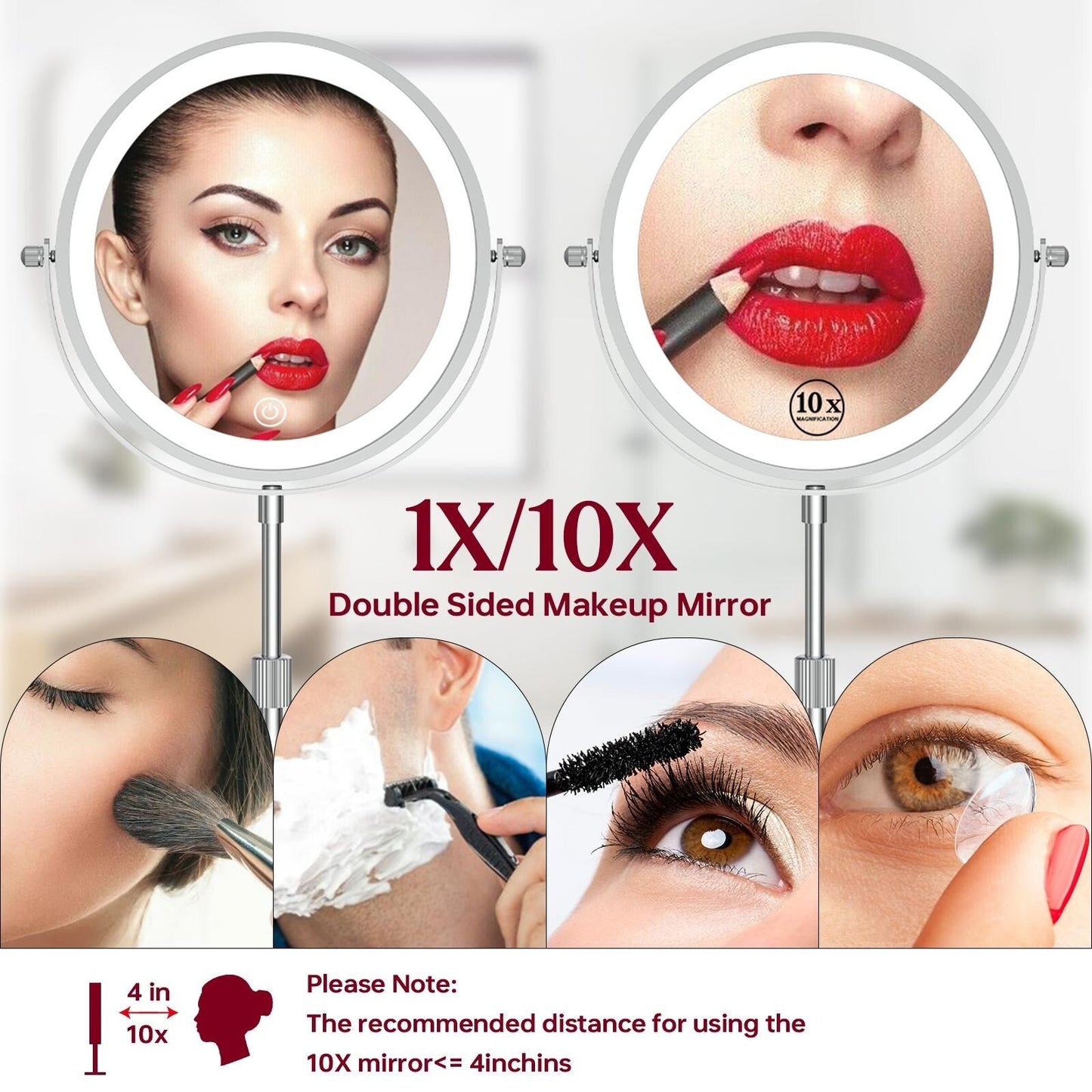 Miroir de maquillage lumineux à 9 LED, miroir grossissant double face avec grossissement 1x/10x, 3 couleurs d'éclairage