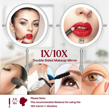 Miroir de maquillage lumineux à 9 LED, miroir grossissant double face avec grossissement 1x/10x, 3 couleurs d'éclairage