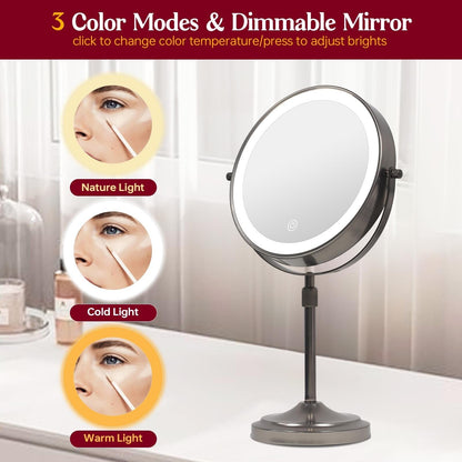 Miroir de maquillage lumineux à 9 LED, miroir grossissant double face avec grossissement 1x/10x, 3 couleurs d'éclairage