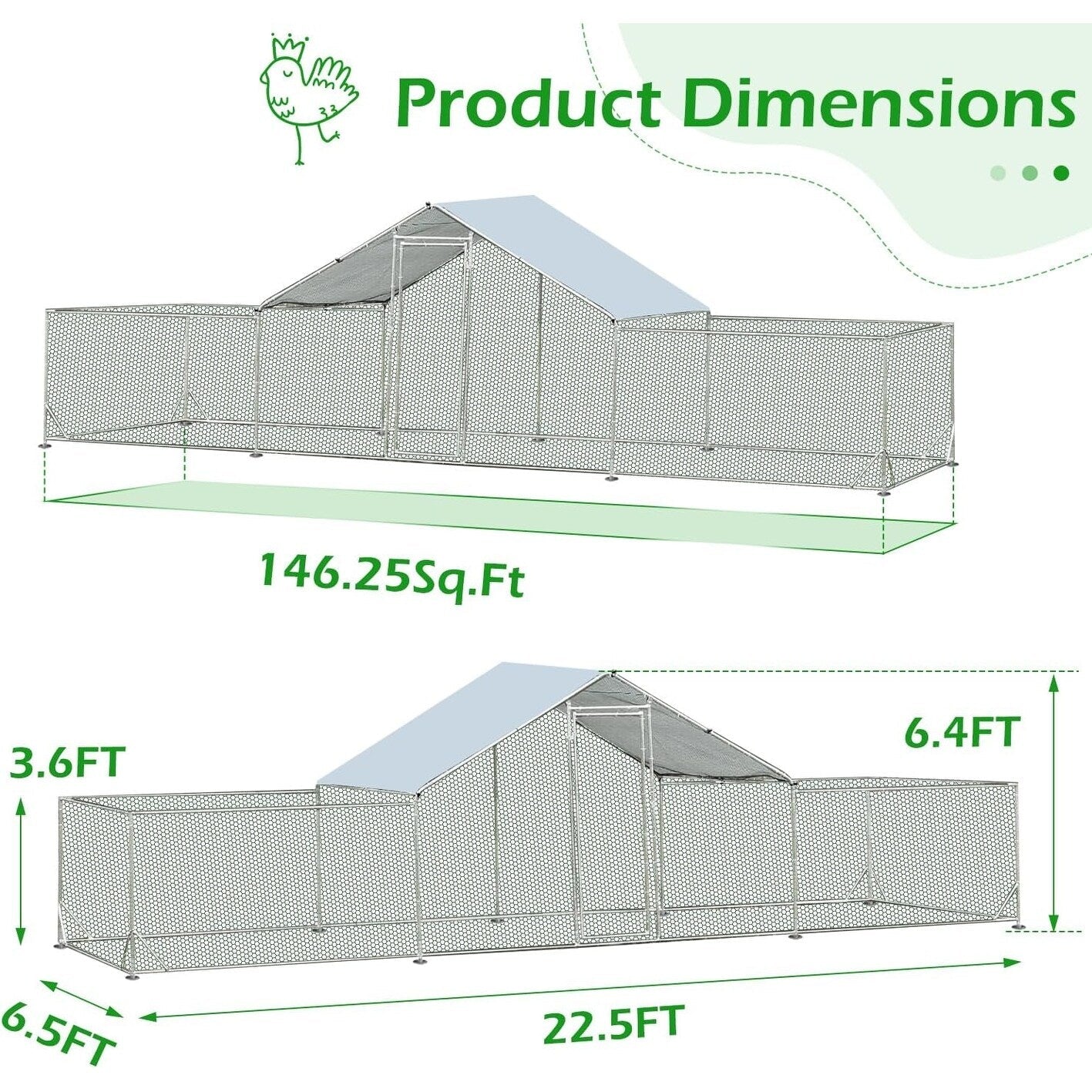 AECOJOY Grand poulailler métallique avec enclos et cage à poules accessibles à pied
