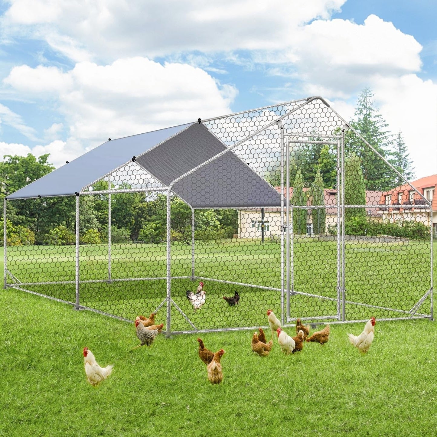 AECOJOY Grand poulailler métallique avec enclos et cage à poules accessibles à pied