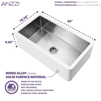 Évier de cuisine ANZZI Apollo blanc mat, style ferme, à une cuve de 91 cm (36 po), intérieur en acier inoxydable.