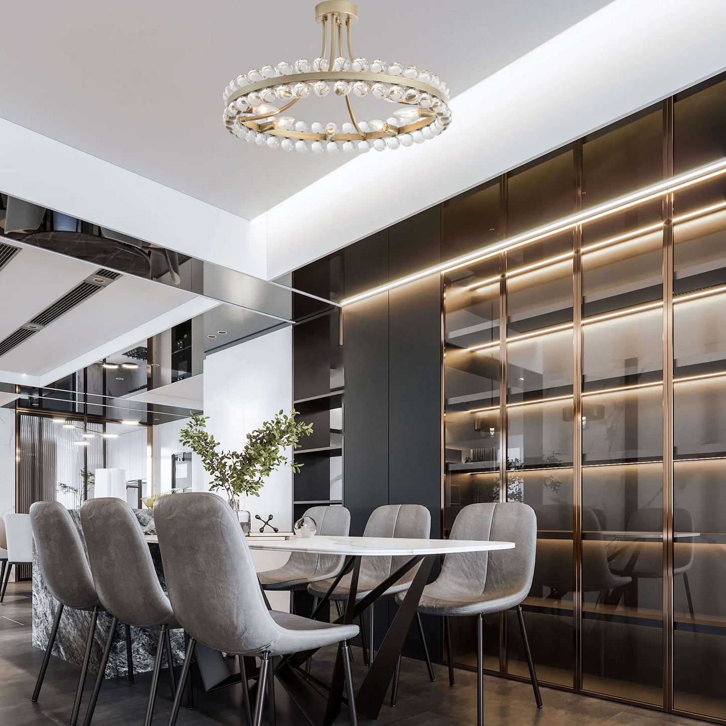 Plafonnier semi-encastré Elvira à 8 lumières en forme de roue de chariot avec cristaux