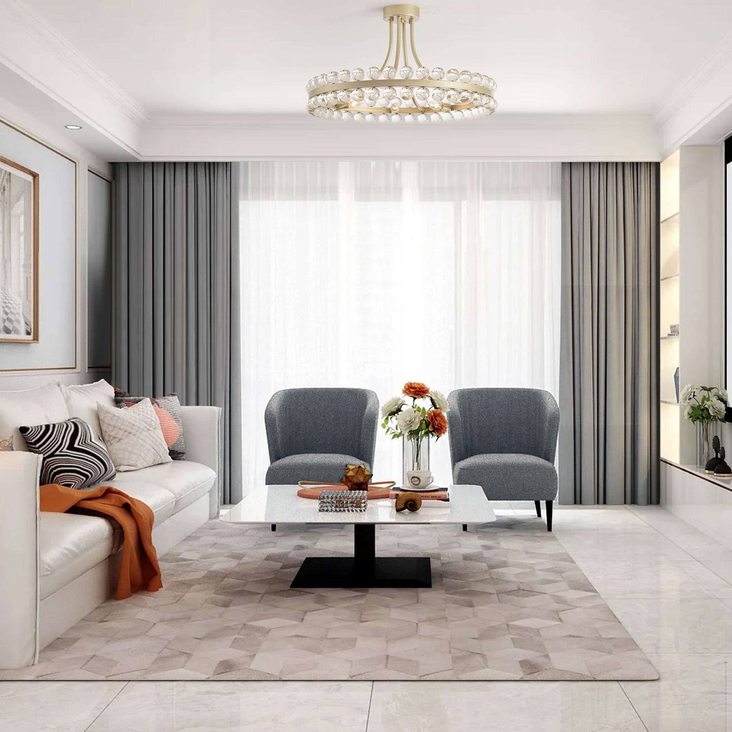 Plafonnier semi-encastré Elvira à 8 lumières en forme de roue de chariot avec cristaux