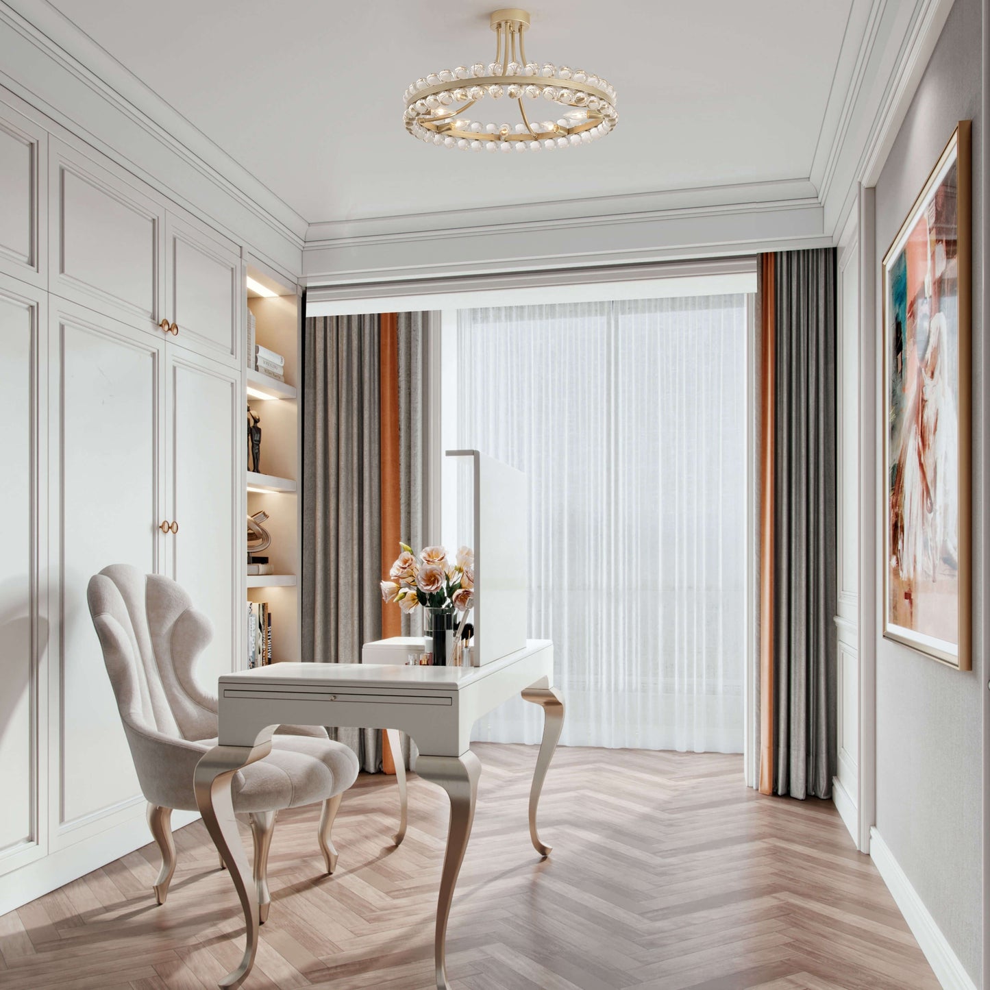 Plafonnier semi-encastré Elvira à 8 lumières en forme de roue de chariot avec cristaux