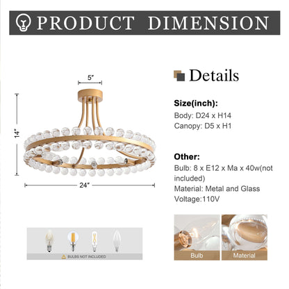 Plafonnier semi-encastré Elvira à 8 lumières en forme de roue de chariot avec cristaux