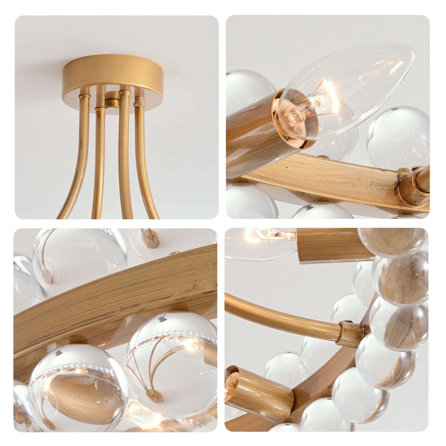 Plafonnier semi-encastré Elvira à 8 lumières en forme de roue de chariot avec cristaux