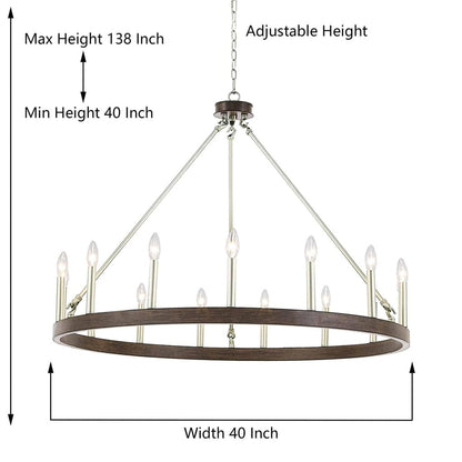 Lustre Acroma style ferme à 12 lumières, forme roue de chariot, 101,6 cm (40 po), homologué UL - 101,6 cm (40 po) de profondeur x 350 cm (138 po) de hauteur