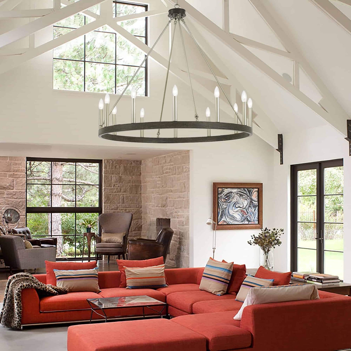 Lustre Acroma style ferme à 12 lumières, forme roue de chariot, 101,6 cm (40 po), homologué UL - 101,6 cm (40 po) de profondeur x 350 cm (138 po) de hauteur