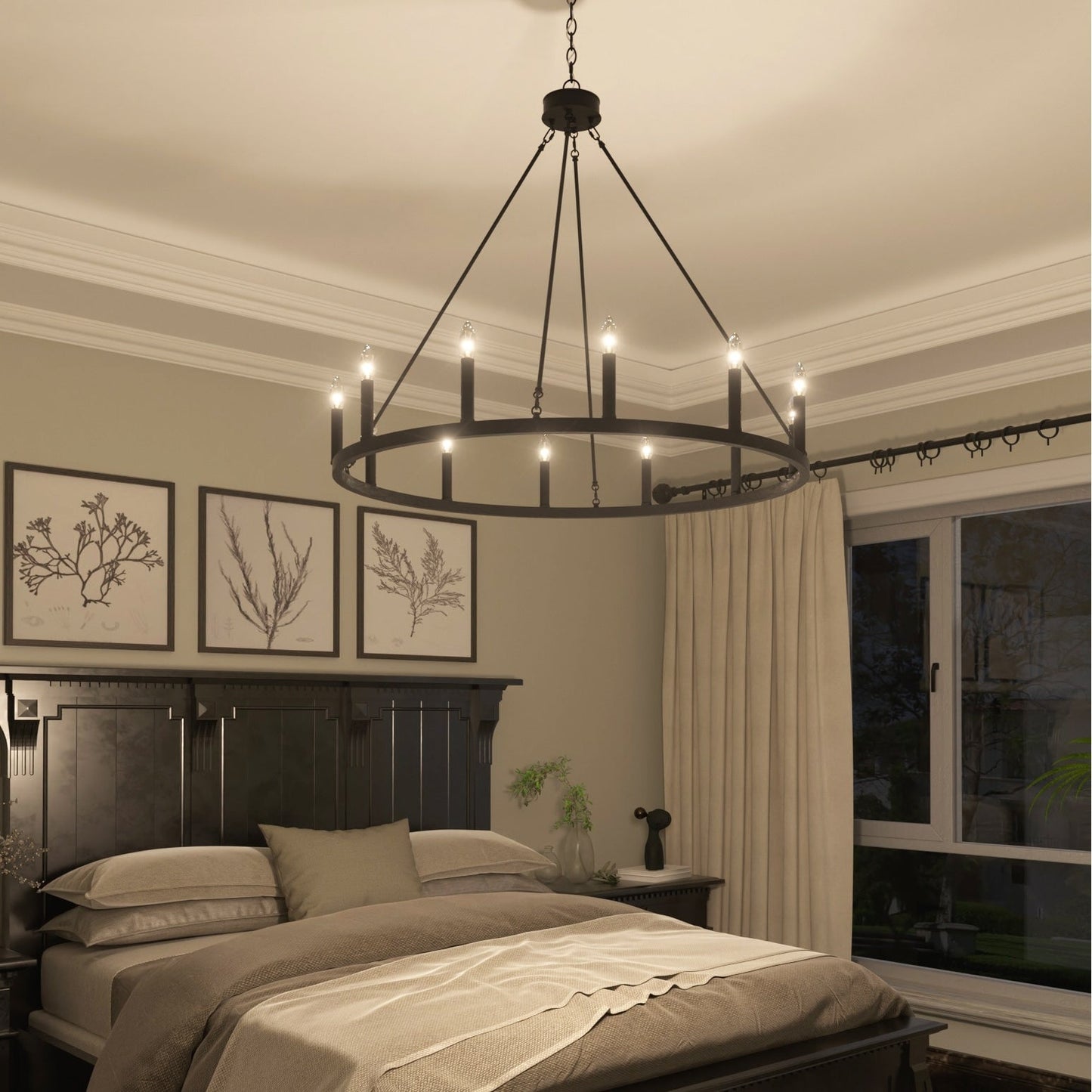 Lustre Acroma style ferme à 12 lumières, forme roue de chariot, 101,6 cm (40 po), homologué UL - 101,6 cm (40 po) de profondeur x 350 cm (138 po) de hauteur