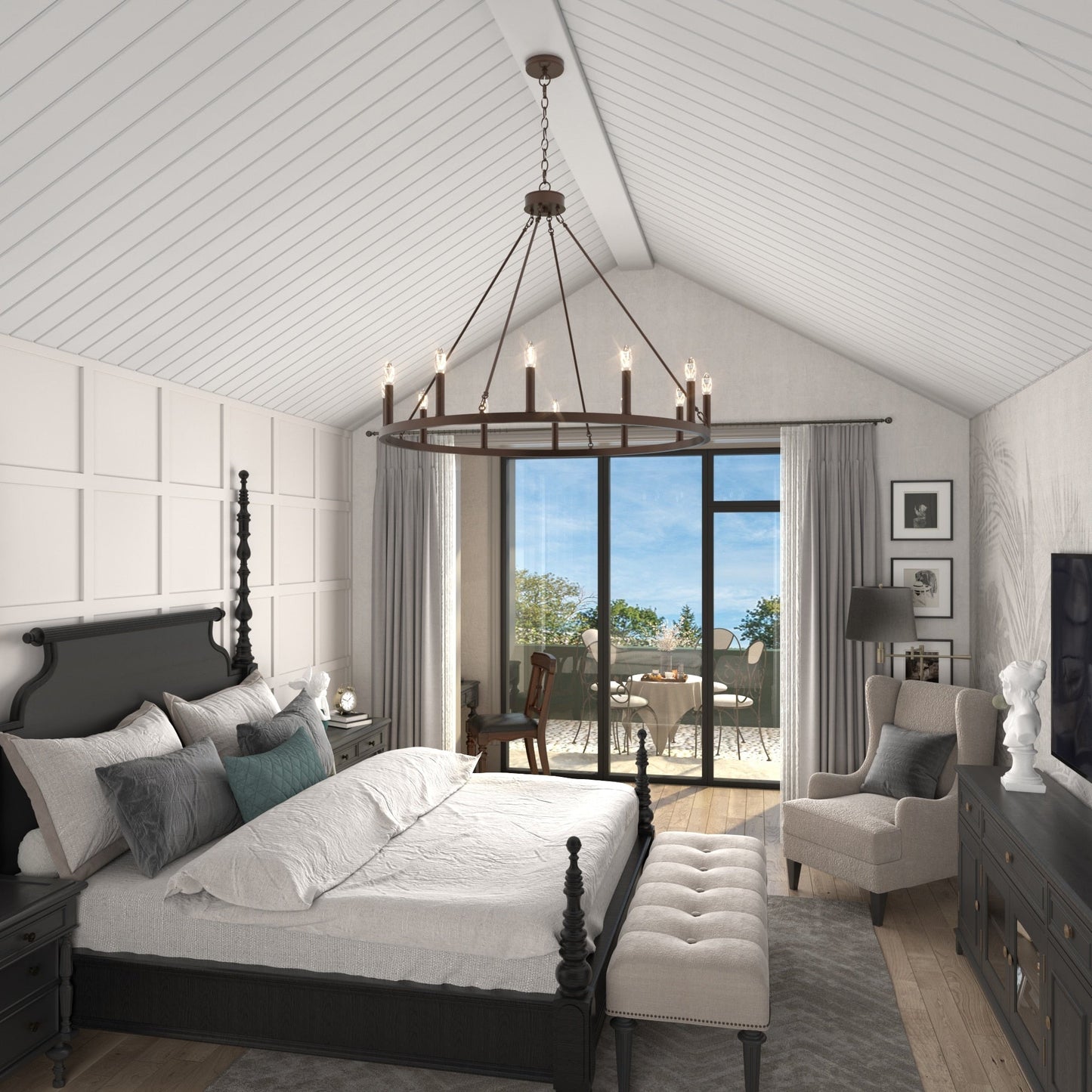 Lustre Acroma style ferme à 12 lumières, forme roue de chariot, 101,6 cm (40 po), homologué UL - 101,6 cm (40 po) de profondeur x 350 cm (138 po) de hauteur