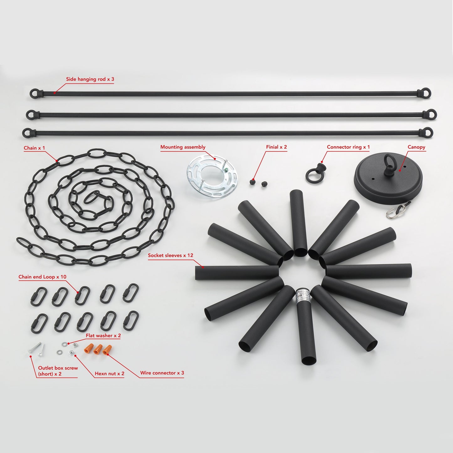 Lustre Acroma style ferme à 12 lumières, forme roue de chariot, 101,6 cm (40 po), homologué UL - 101,6 cm (40 po) de profondeur x 350 cm (138 po) de hauteur