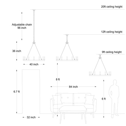 Lustre Acroma style ferme à 12 lumières, forme roue de chariot, 101,6 cm (40 po), homologué UL - 101,6 cm (40 po) de profondeur x 350 cm (138 po) de hauteur