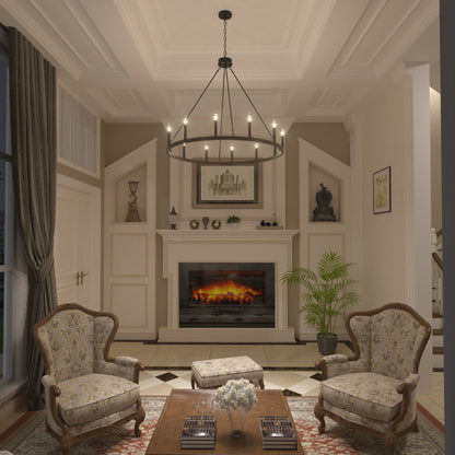 Lustre Acroma style ferme à 12 lumières, forme roue de chariot, 101,6 cm (40 po), homologué UL - 101,6 cm (40 po) de profondeur x 350 cm (138 po) de hauteur