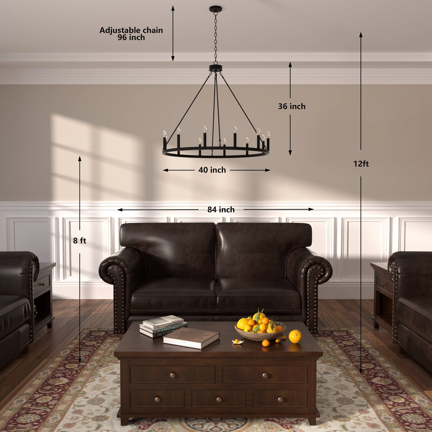 Lustre Acroma style ferme à 12 lumières, forme roue de chariot, 101,6 cm (40 po), homologué UL - 101,6 cm (40 po) de profondeur x 350 cm (138 po) de hauteur