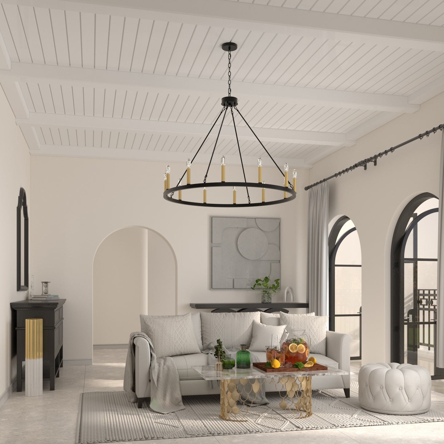 Lustre Acroma style ferme à 12 lumières, forme roue de chariot, 101,6 cm (40 po), homologué UL - 101,6 cm (40 po) de profondeur x 350 cm (138 po) de hauteur