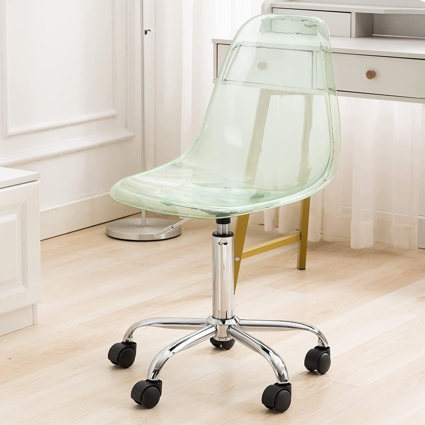 Chaise de bureau à roulettes pivotante en acrylique, sans accoudoirs et réglable en hauteur