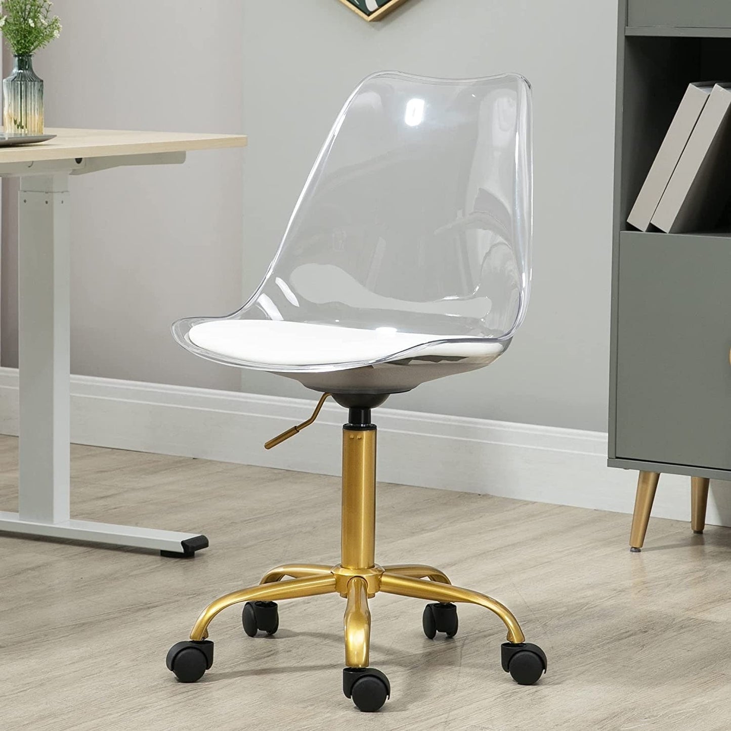 Chaise de bureau à roulettes pivotante en acrylique, sans accoudoirs et réglable en hauteur