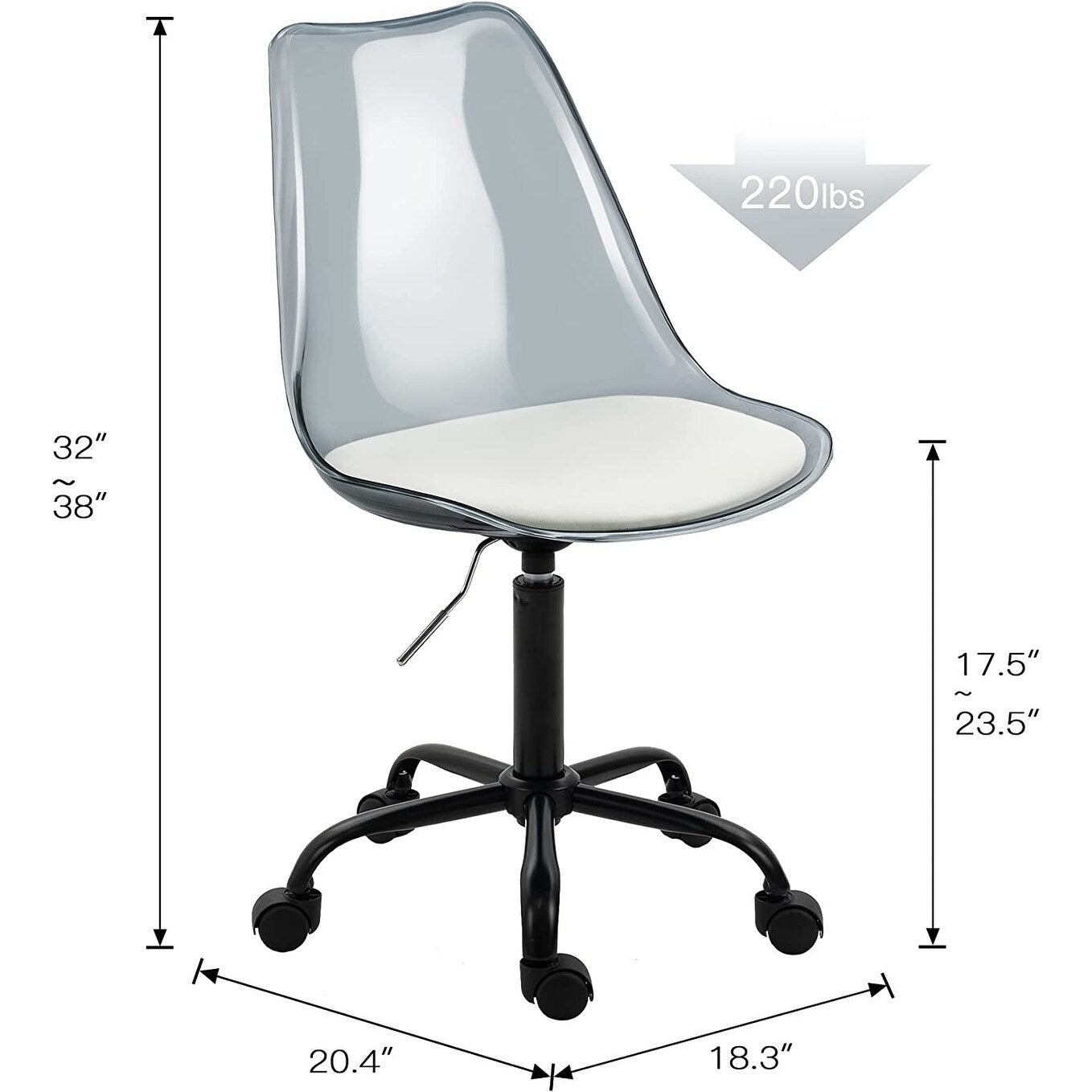 Chaise de bureau à roulettes pivotante en acrylique, sans accoudoirs et réglable en hauteur