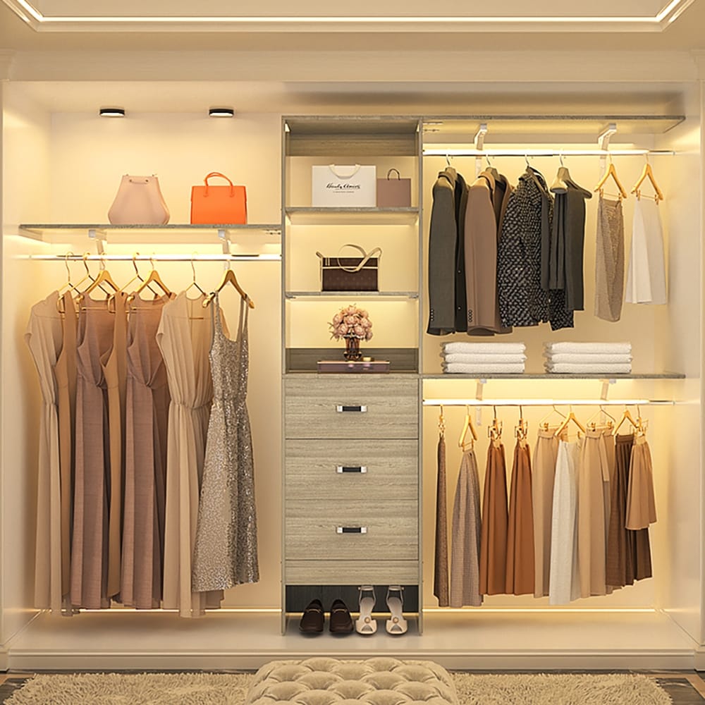 Organisateur de placard ajustable Rackcog 120'' avec tiroirs, système de placard avec étagères à monter soi-même pour placards et dressings