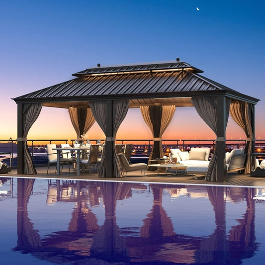 Gazebo Erommy à toit rigide avec structure en aluminium et double toit, gazebo extérieur permanent comprenant rideaux et moustiquaire pour terrasse ou jardin