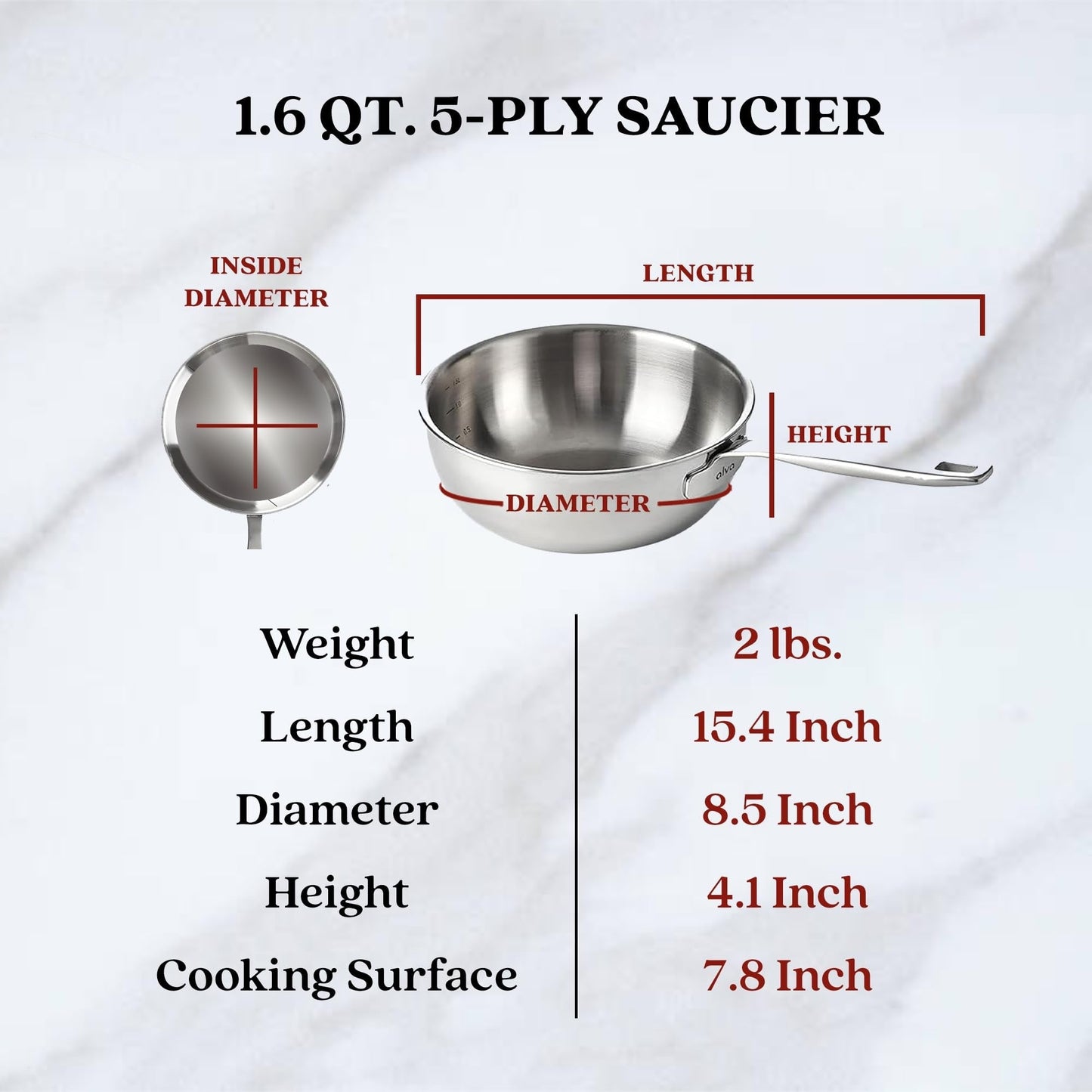 Casserole Alva Maestro en acier inoxydable 5 plis - 1,6 L. Non toxique