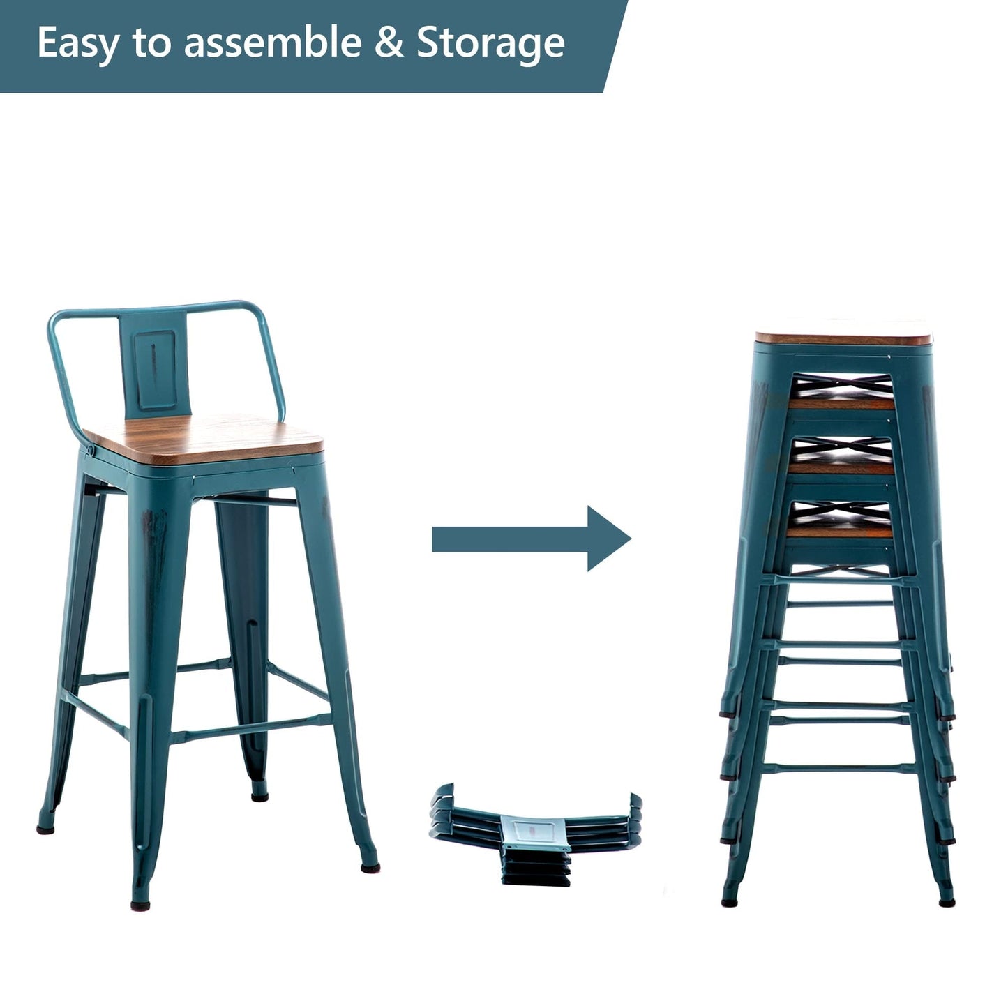 Ensemble de 4 tabourets de bar industriels en métal avec dossier et assise en bois