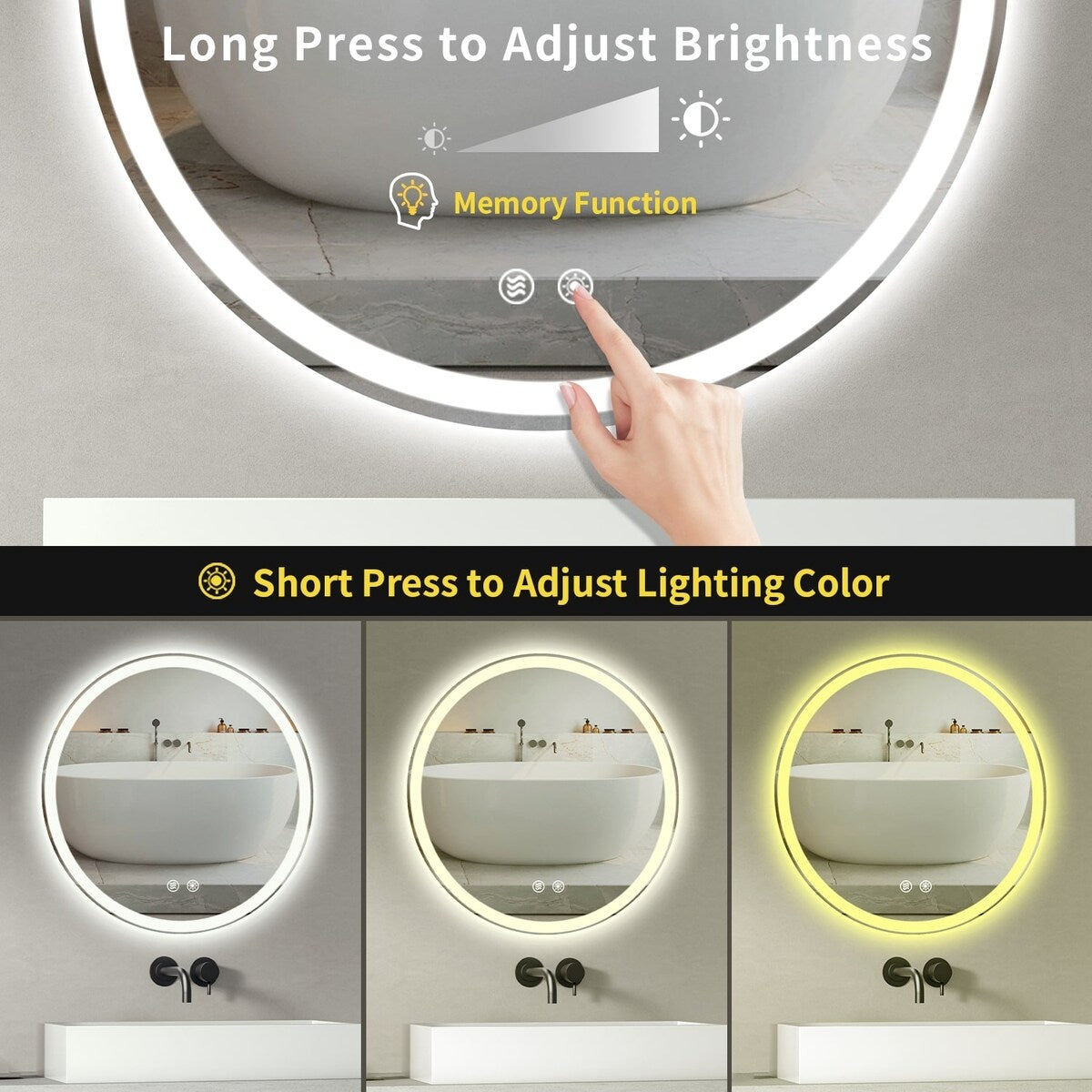 Miroir de courtoisie arrondi sans cadre, éclairé par LED, à intensité variable et antibuée