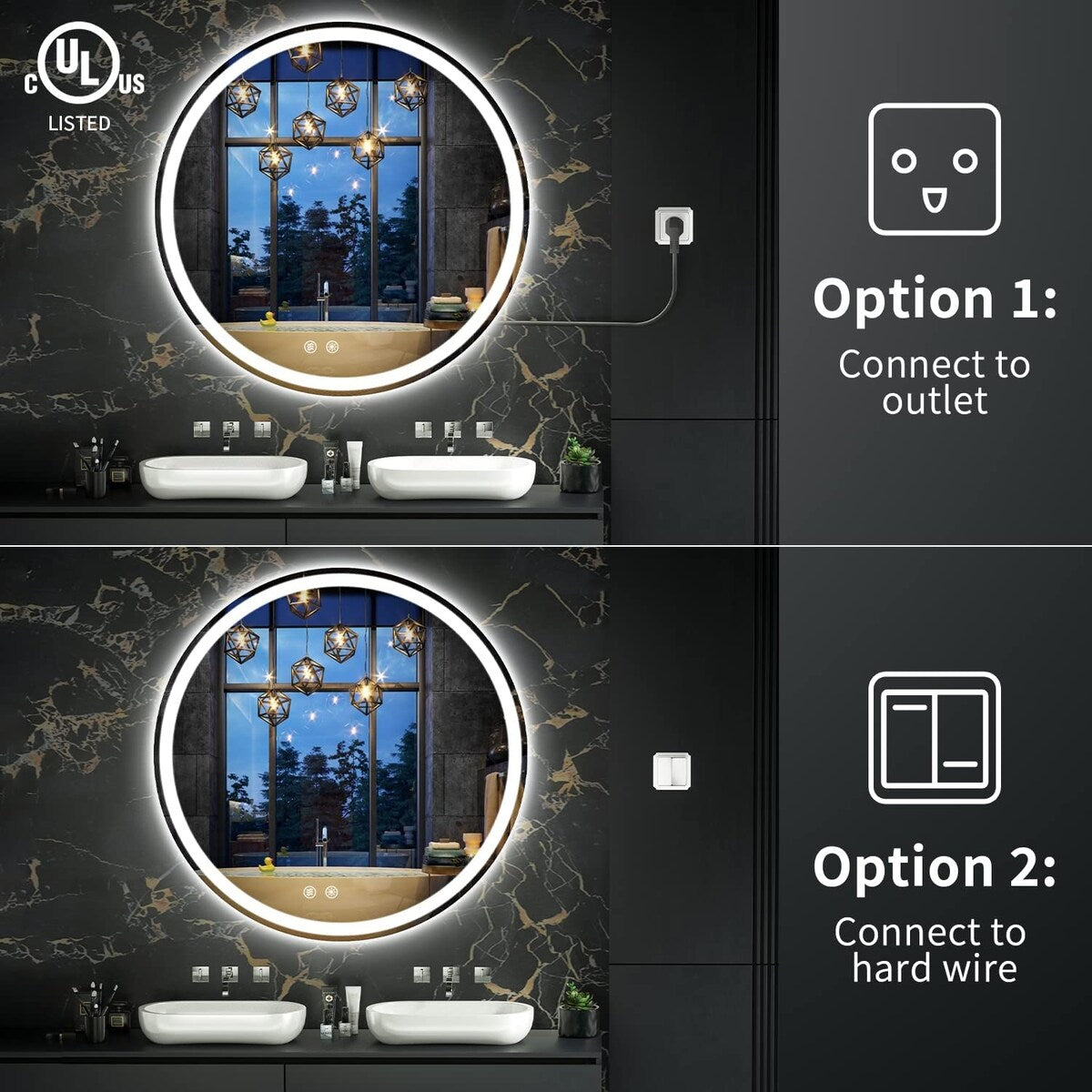 Miroir de courtoisie arrondi sans cadre, éclairé par LED, à intensité variable et antibuée