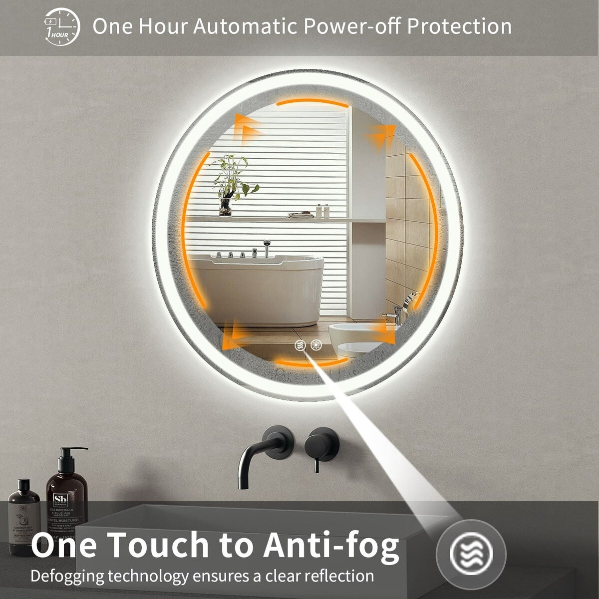 Miroir de courtoisie arrondi sans cadre, éclairé par LED, à intensité variable et antibuée